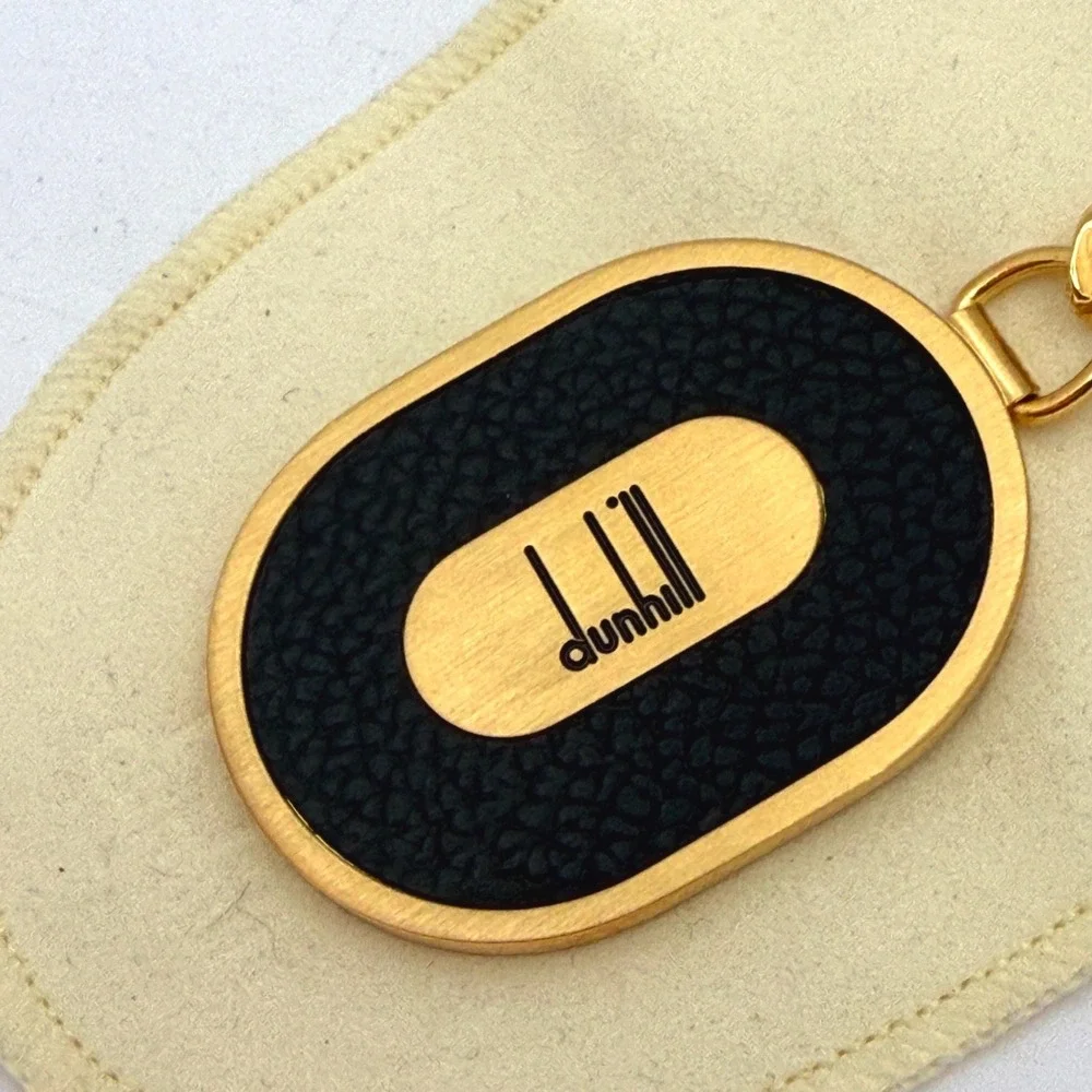 Dunhill Made in Italy Gold-Tone & Black Textured Leather Oval Keychain Key Fob‎